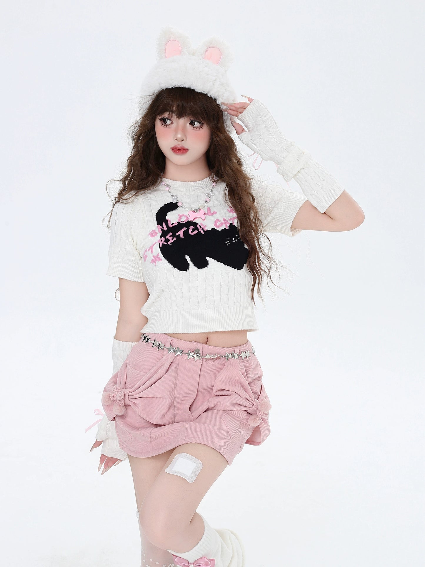 Crazy Girl Cartoony Cat Black White Knit Top