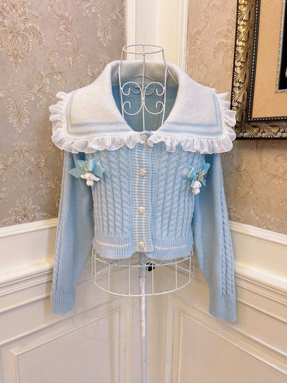 Sweetheart Princess Winter Cute Cinnamon Dog Blue Knit Sailor Collar Lace Sweater Cardigan