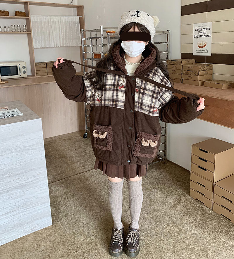 Plaid Retro Winter Plush Bear Ears Corduroy Coat