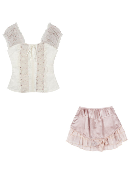 Creamy Sweet Angel Lace Pale Pink Puff Sleeve Top & Ruffled Short Skirt Two Piece Set