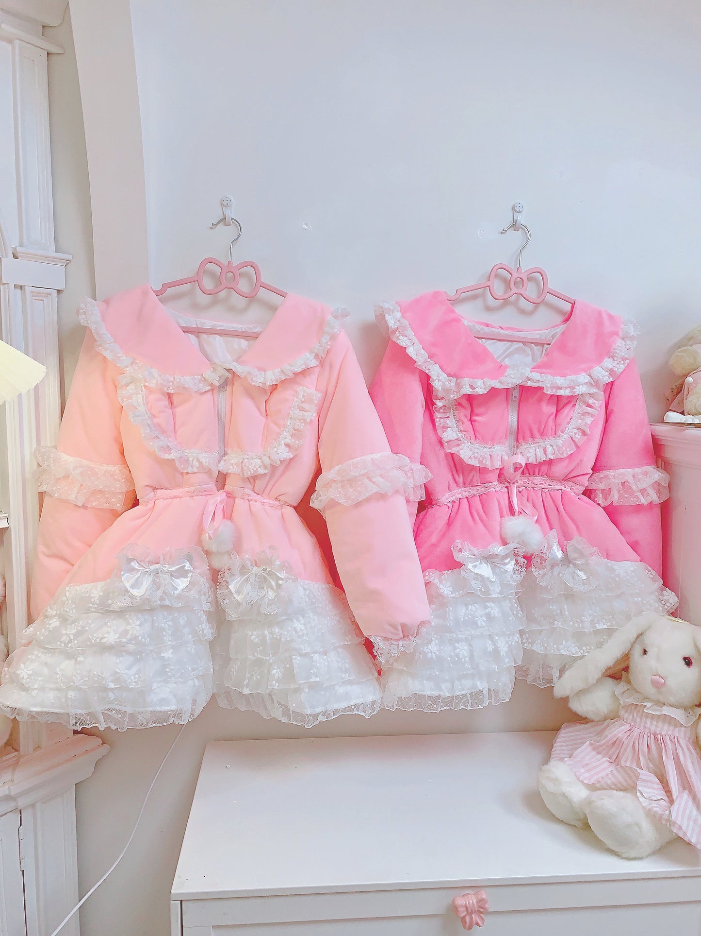 Candy Fairy Sweet Pastel Pink Princess Lace Sailor Collar Winter Padded Puffer Jacket Coat Dress