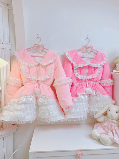 Candy Fairy Sweet Pastel Pink Princess Lace Sailor Collar Winter Padded Puffer Jacket Coat Dress