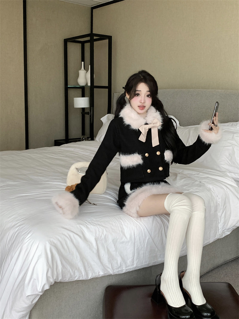 Elegant Lady Chic Fur Collar Fur Cuffs Black Jacket & Skirt Two Piece Set