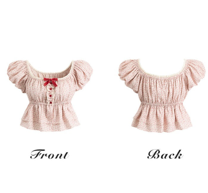 Creamy Sweet Floyd Rose Red Floral Puff Sleeve Blouse