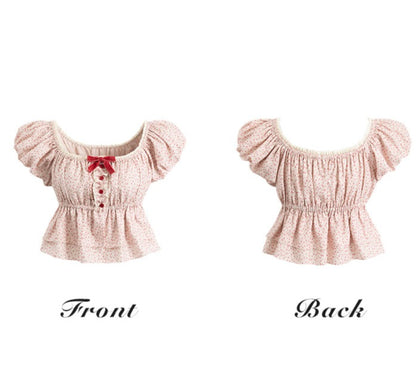 Creamy Sweet Floyd Rose Red Floral Puff Sleeve Blouse