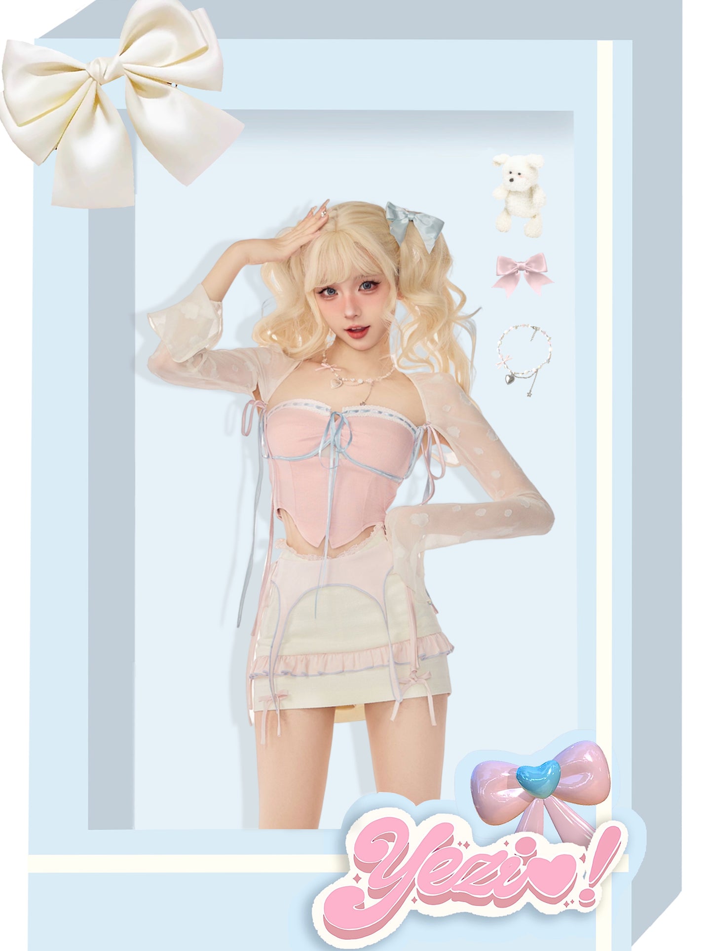 Serendipity Coquette Sheer Cardigan & Pink Heart Camisole & White Lace Mini Skirt Three Piece Set