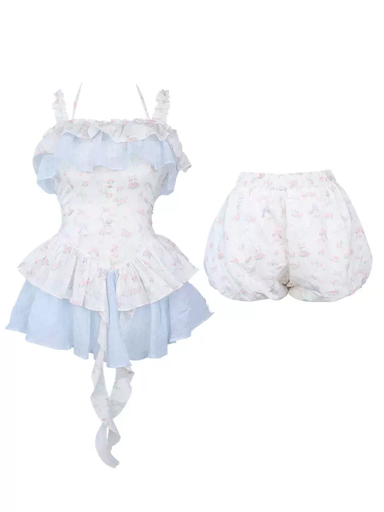 Serendipity Candy Garden Floral Blue White Camisole Top & Bloomers Two Piece Set