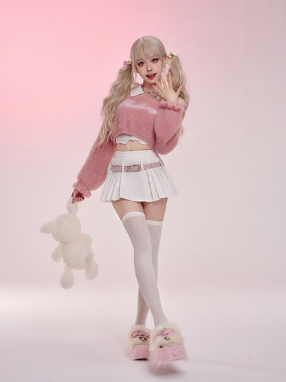 Serendipity Autumn Ice Cream Berry Fuzzy Pink Sweater & White Top & Pleated Skirt Three Piece Set