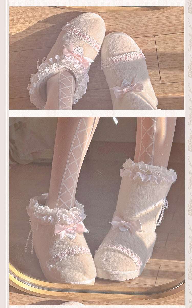 Coquette Pink Bow Lace Velvet Snow Winter Cute Short Mid Calf Boots