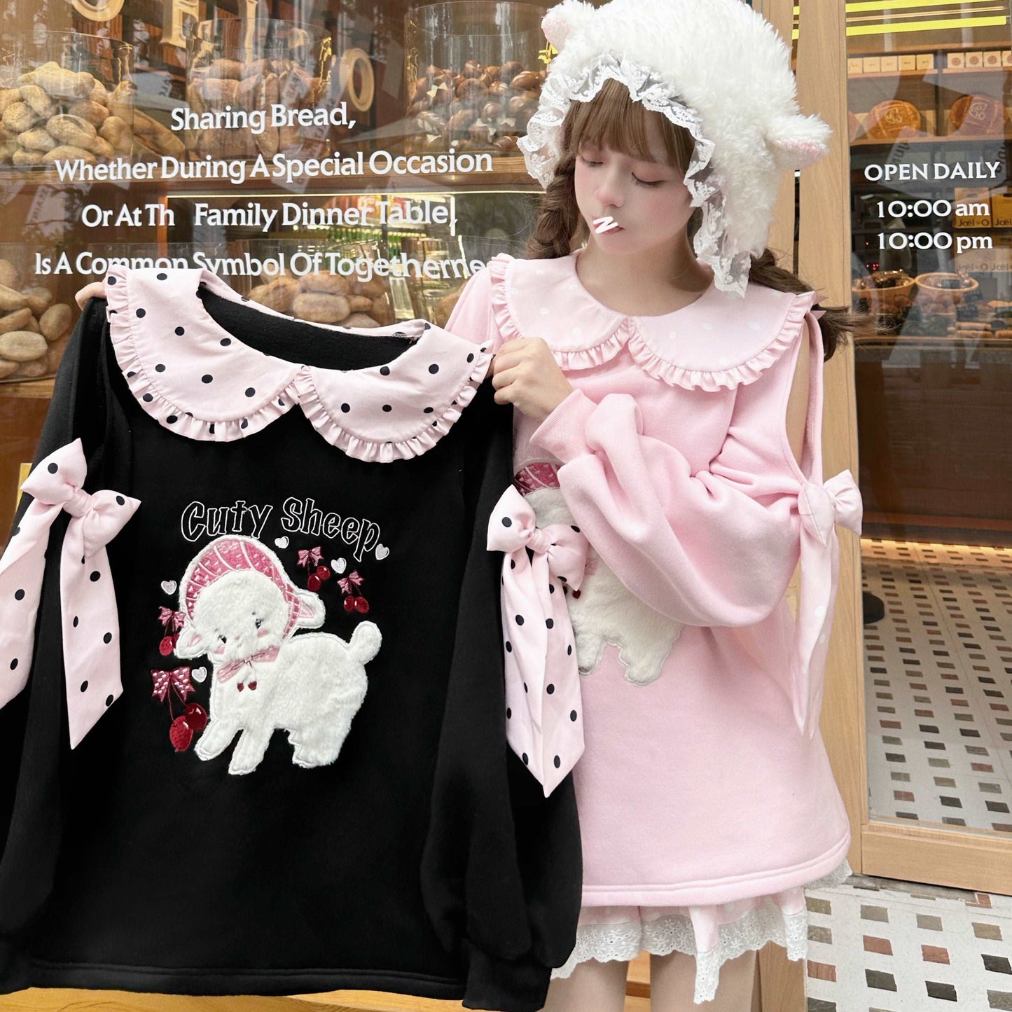 Cherry Sheep Embroidery Black Polka Dot Pink Bow Sweatshirt