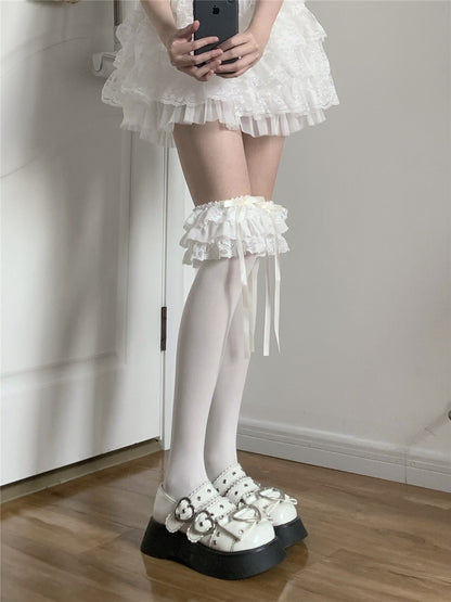 EGL Bow Lace Over Under The Knee Black White Cream Socks