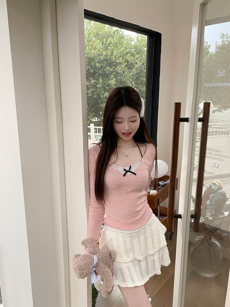 Coquette Pink Knit Long Sleeve Slim Fit Shirt Top