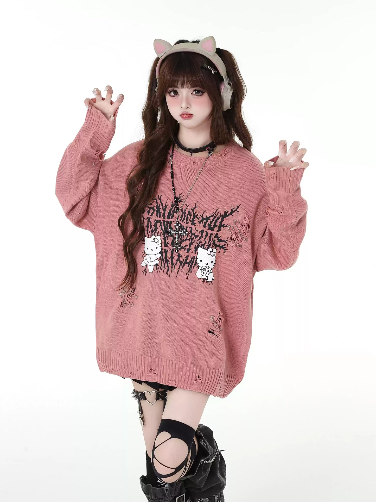 Crazy Girl Punk Kitty Clips Pink Black Knit Sweater