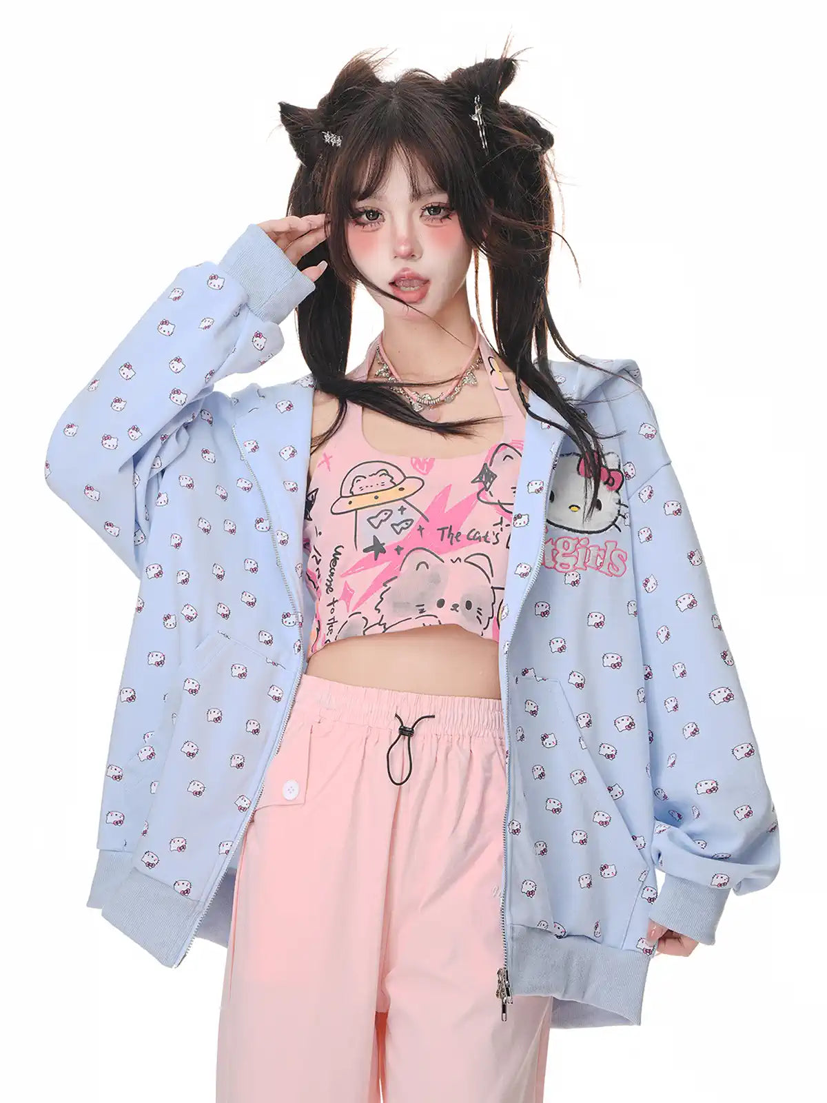 Young Eyes Sweet Kitty Pink Blue Cat Ears Jacket Hoodie