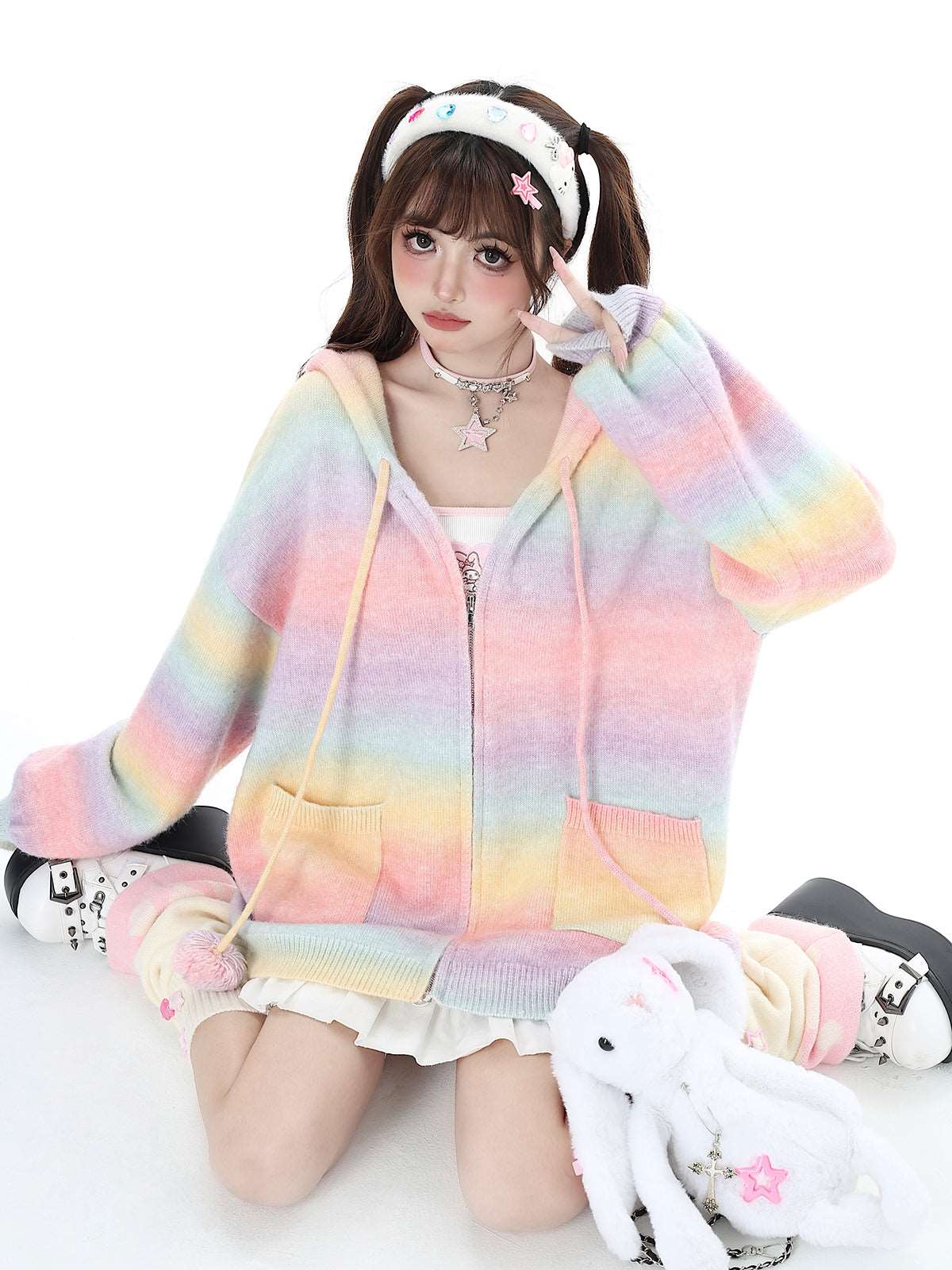 Crazy Girl Bunny Rabbit Ears Knit Rainbow Colorful Pink Black Zipper Sweatshirts Hoodie