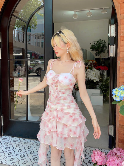 Monet Summer Romantic Rose Floral Pink Chiffon Strap Dress