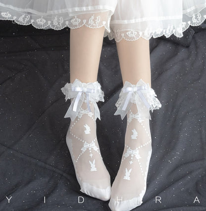 Dream Witch Gummy Bear and Toffee Rabbit Lolita Black White Lace Socks