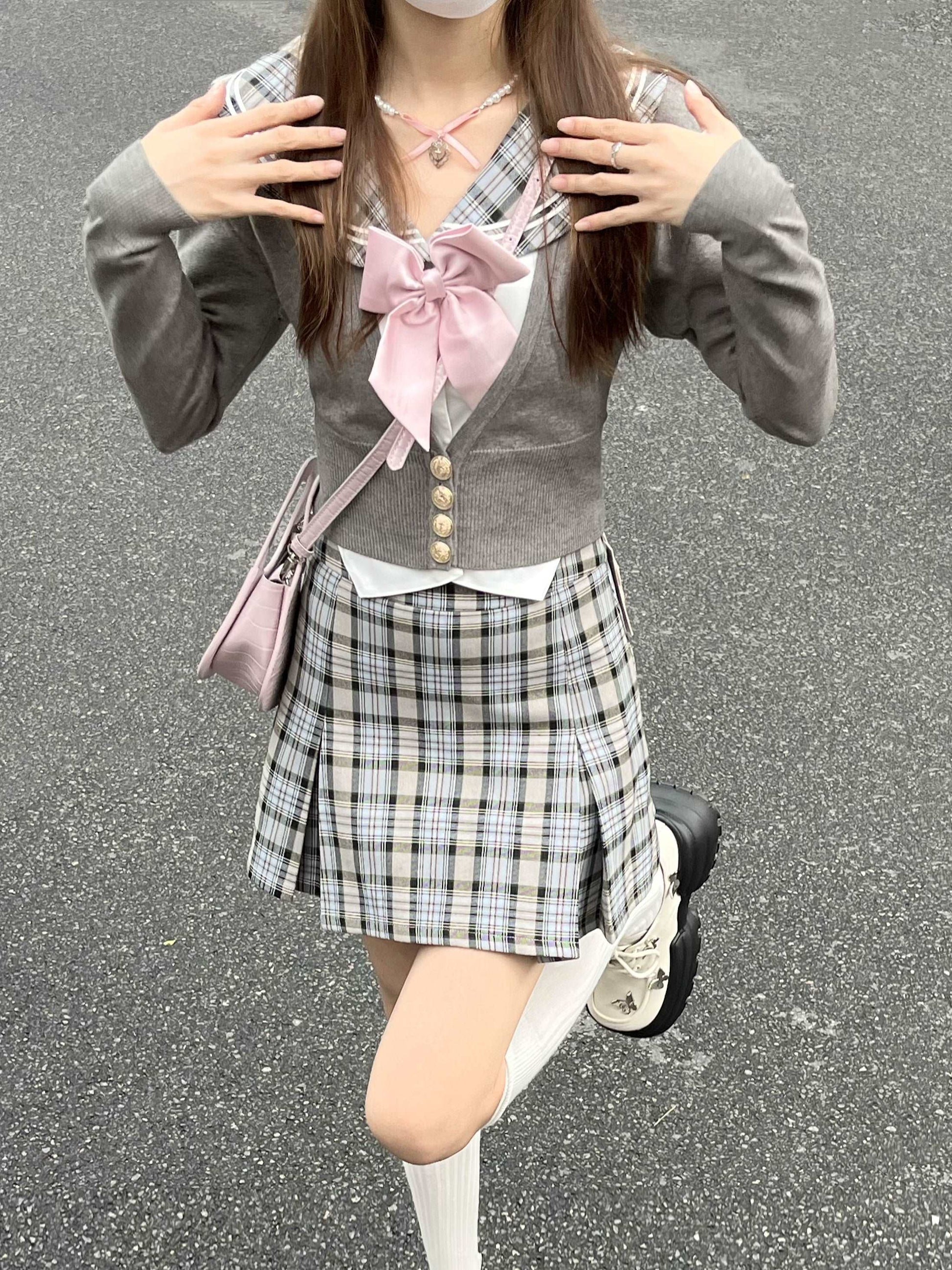 Academia Sailor Collar Uniform Gray Plaid Shirt Knit Cardigan Mini Skirt Three Piece Set