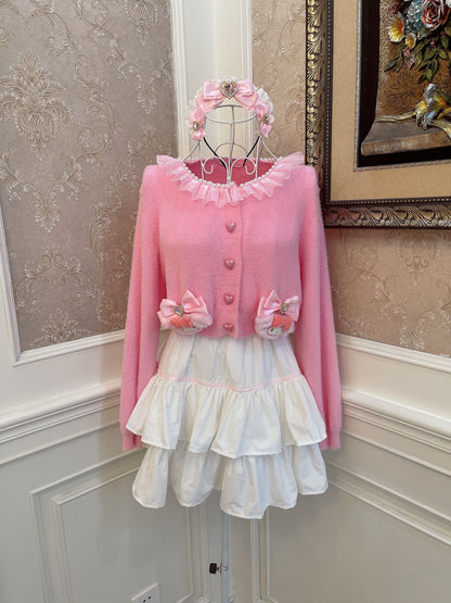 Sweetheart Princess Pink Melody Heart Buttons Plush Knit Sweater Cardigan