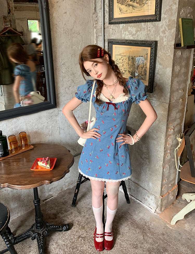 Acacia Cherry Sweet Blue Denim Short Dress