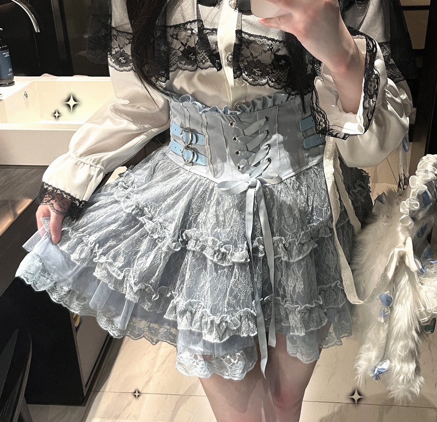 Kitten Bullet Rose Heart Palpitation White Pink Blue Black Skirt