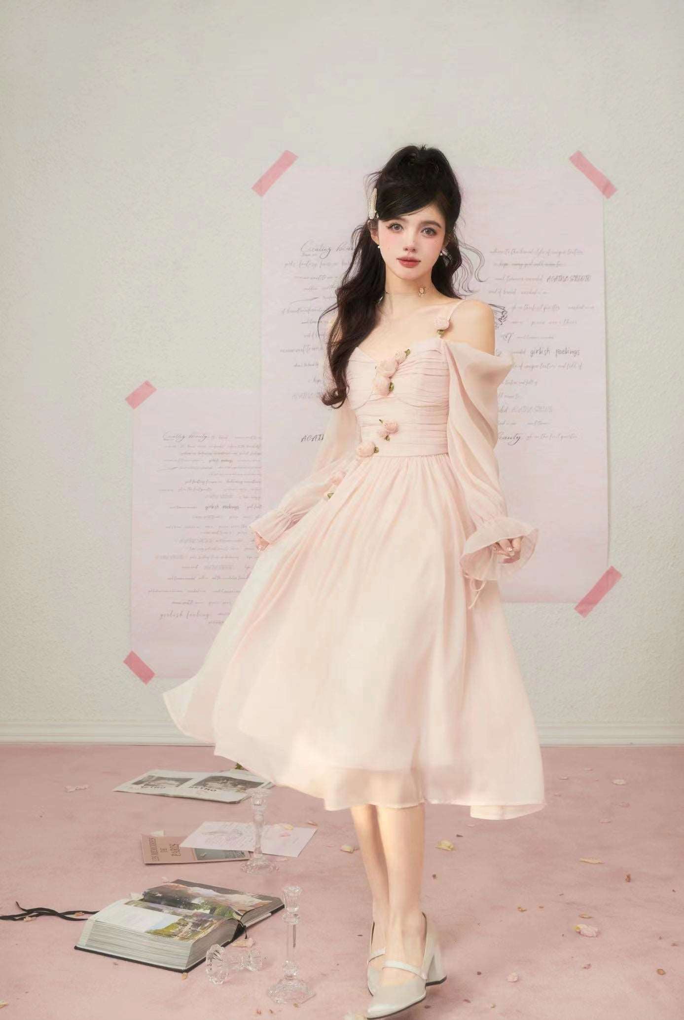 Acacia Sweet Rose Pink & White Beige Chiffon Dress