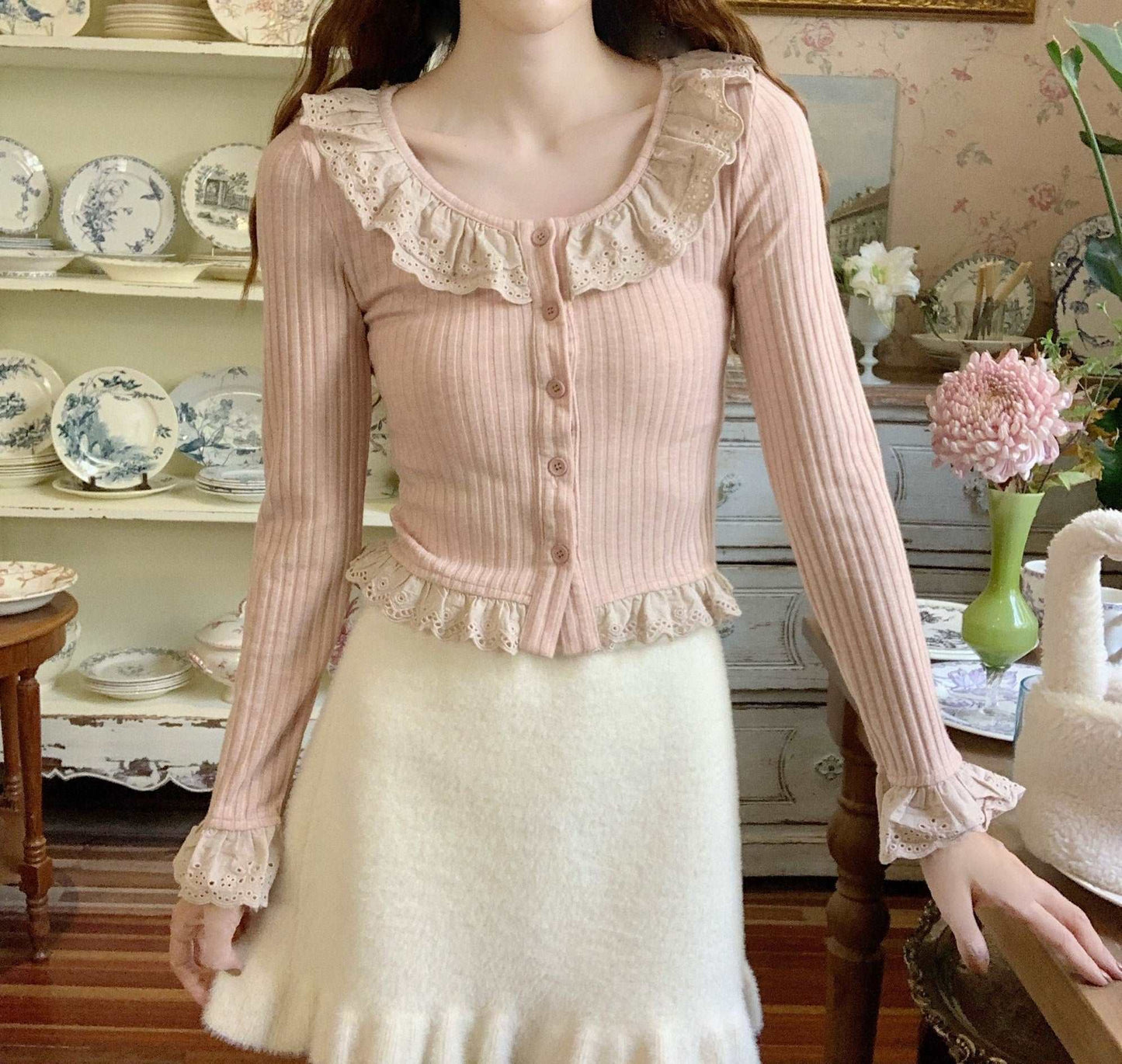 Coquette Vintage Cottagecore Frill Ruffled Lace Collar Cream Pink Top Shirt