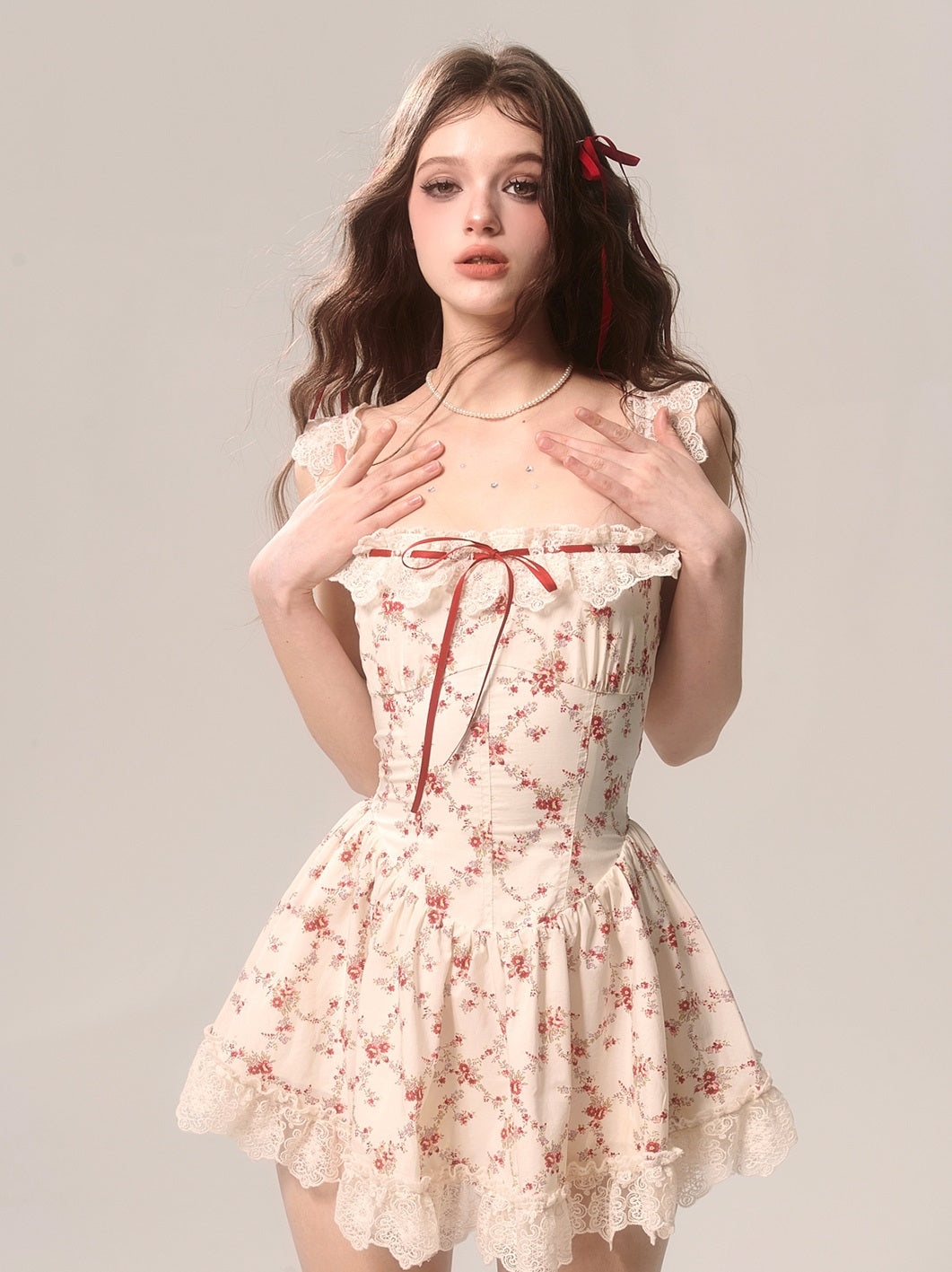 Young Eyes Summer Rose Floral Cream Dress & Red Cardigan Two Piece Set