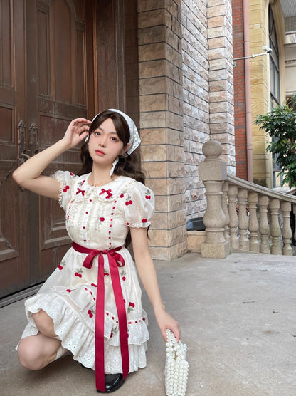 Ruellia Summer Cherry Red Cream Puff Sleeve Dress