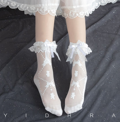 Dream Witch Gummy Bear and Toffee Rabbit Lolita Black White Lace Socks