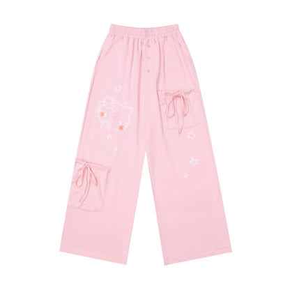 Young Eyes Graffiti Kitty Cat Pink Gray Elastic Gathered Waist Pants