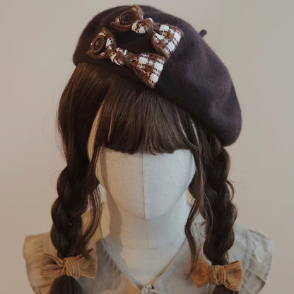 Cute Autumn Fall Handmade Original Knit Bow Brown Houndstooth Beret Hats