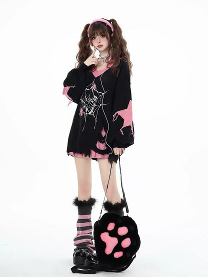 Crazy Girl Spider Halloween Pink Black Knit Sweater