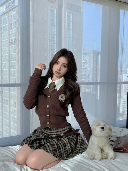 Monet Academia Busan Art Student Brown Cardigan & White T Shirt & Plaid Skirt Three Piece Set