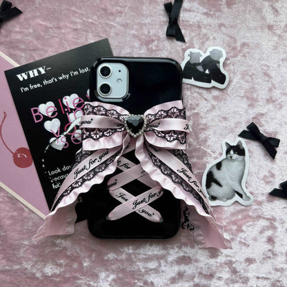 Candy Bunny Sweet Coquette Heart Bow Black Pink Phone Case Charm Strap Chain