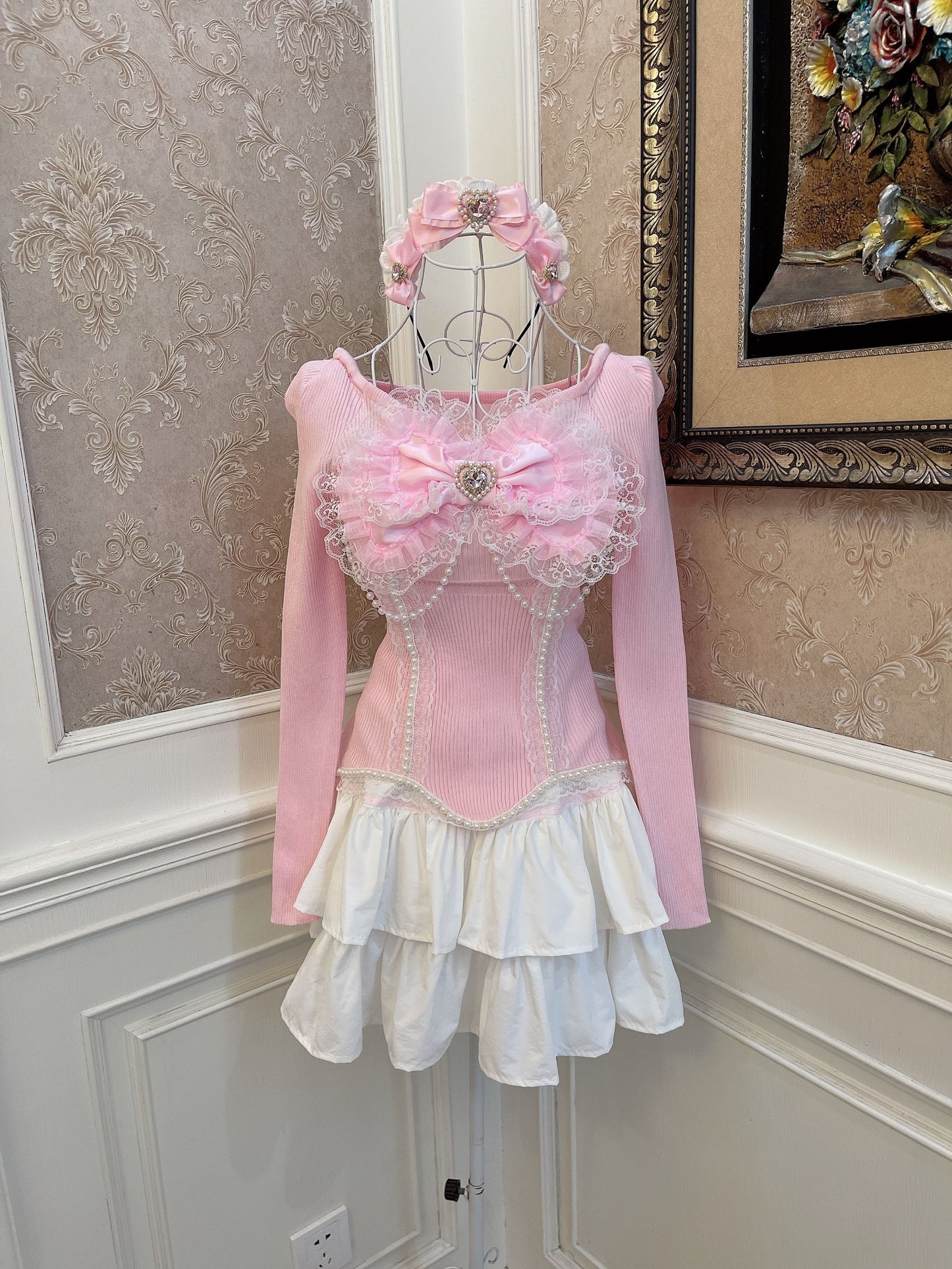 Sweetheart Princess Girly Pink Lace Bow Pearl Knit Sweater