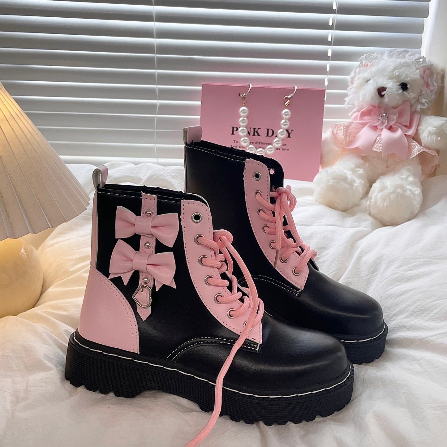 Pink Bows Black Platform Combat Boots