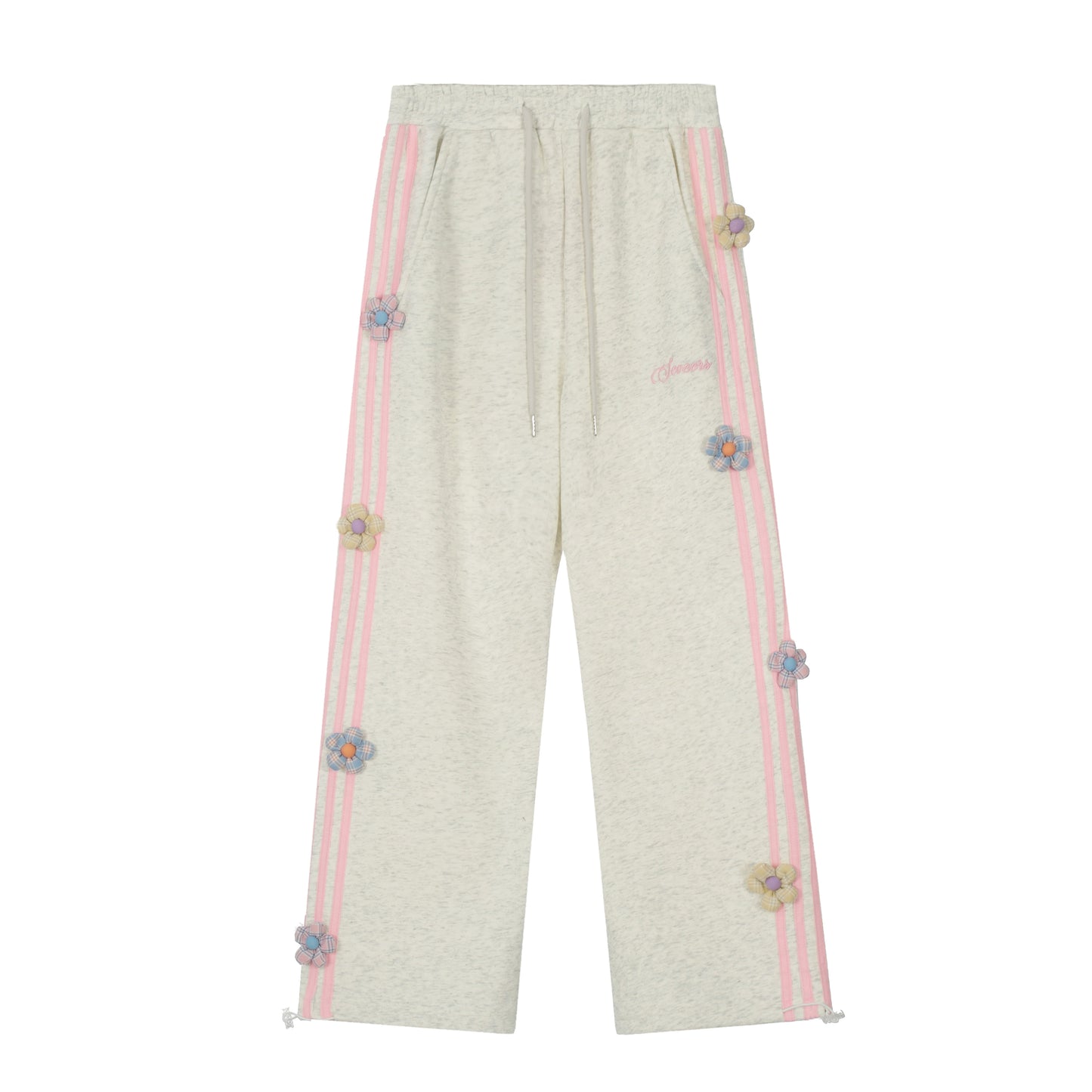 Young Eyes Sweet Flower Gray Pink Elastic Waist Sweatpants