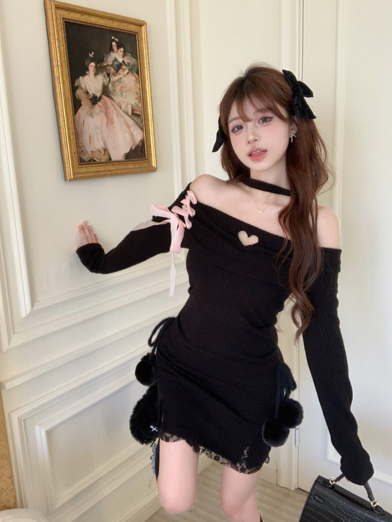 Young Eyes Fall Love Song White Black Off Shoulder Ribbon Sexy Knit Dress