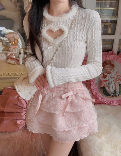 Cute Sexy White Striped Heart Fur Turtle Neck Plush Sweater