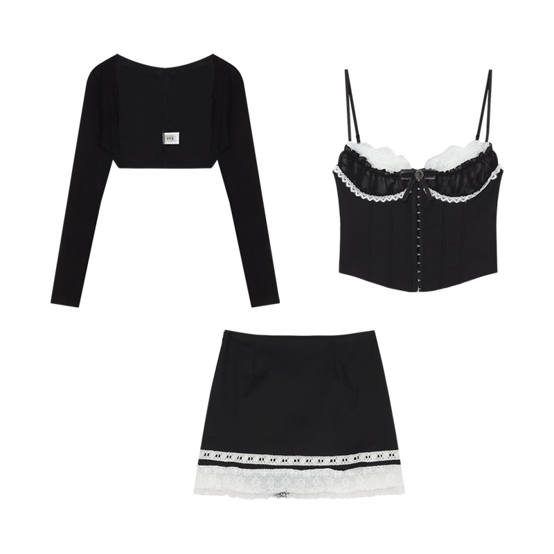 Monet Balletcore Dark Angel Black White Lace Camisole Top & Cardigan & Skirt Three Piece Set