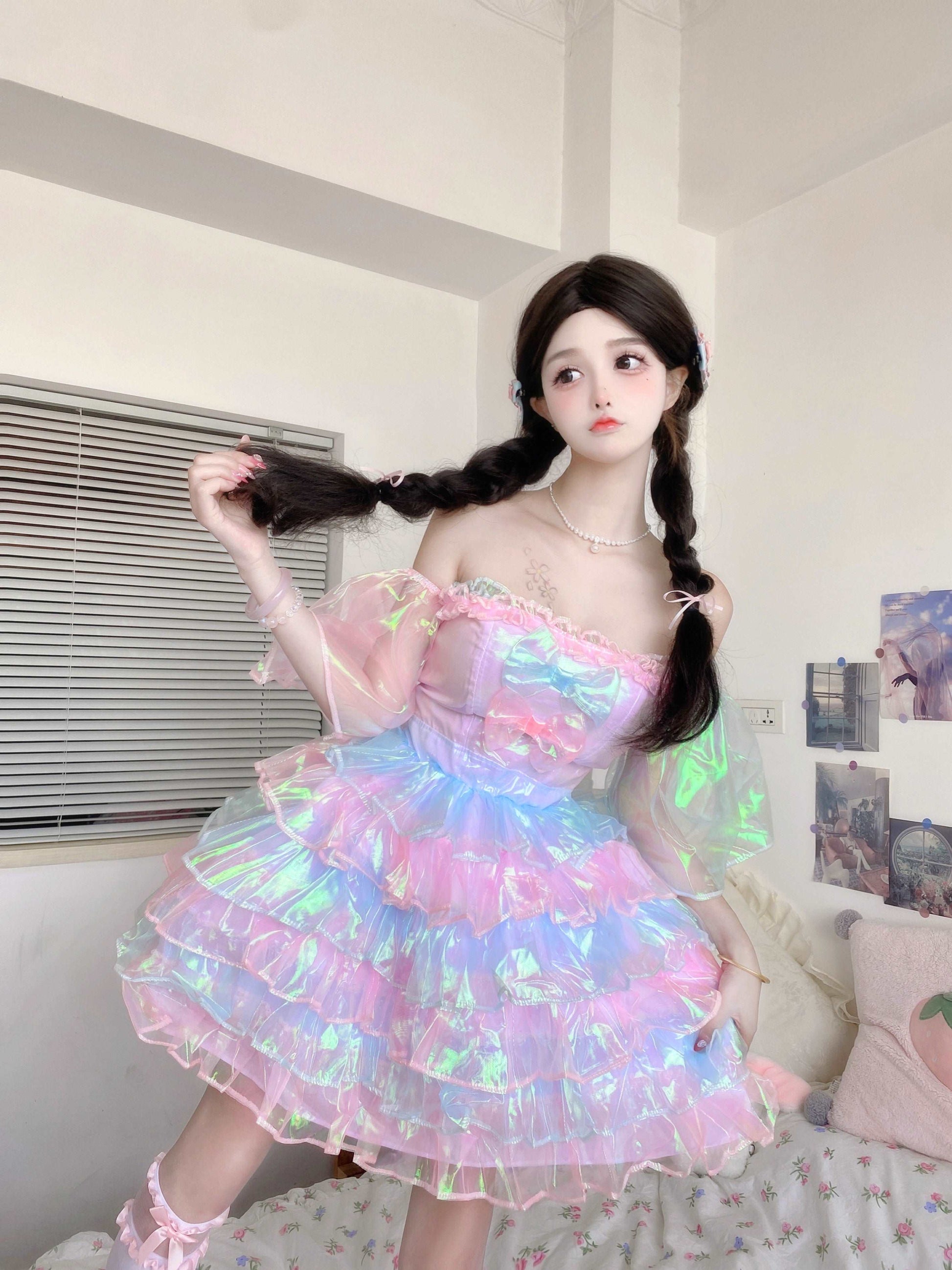 Candy Fairy Pastel Rainbow Gradient Mermaid Sparkling Ruffled Layered Dress