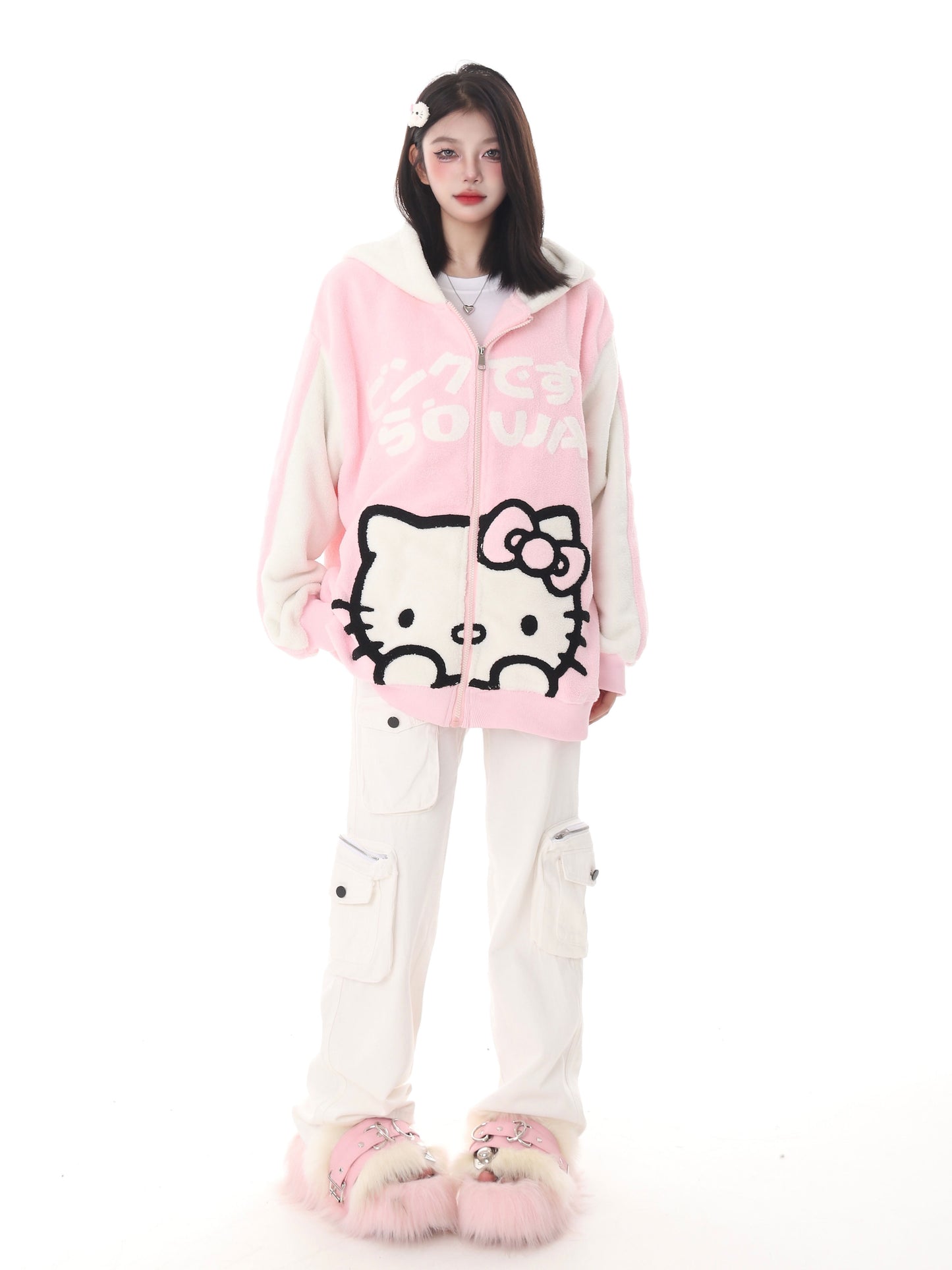 Cute Kitty Cat Pink Black Polar Fleece Y2K Oversize Hoodie Jacket