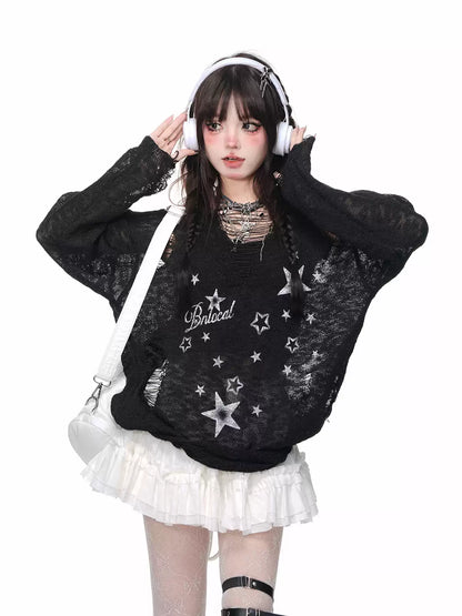 Young Eyes Y2K Stars Black White Ripped Sheer Top