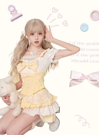 Serendipity Yellow Custard Puff Sleeve Top & Skirt Two Piece Set