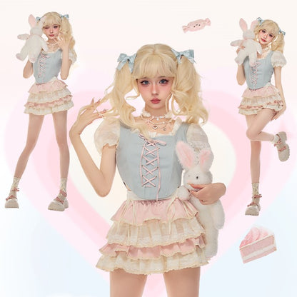 Serendipity Coquette Balletcore Ribbon White Lace Puff Sleeve Shirt & Blue Vest & Pink Mini Short Skirt Three Piece Set