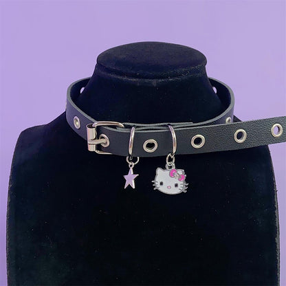 Harajuku Y2K Kitty Star Leather Collar Choker