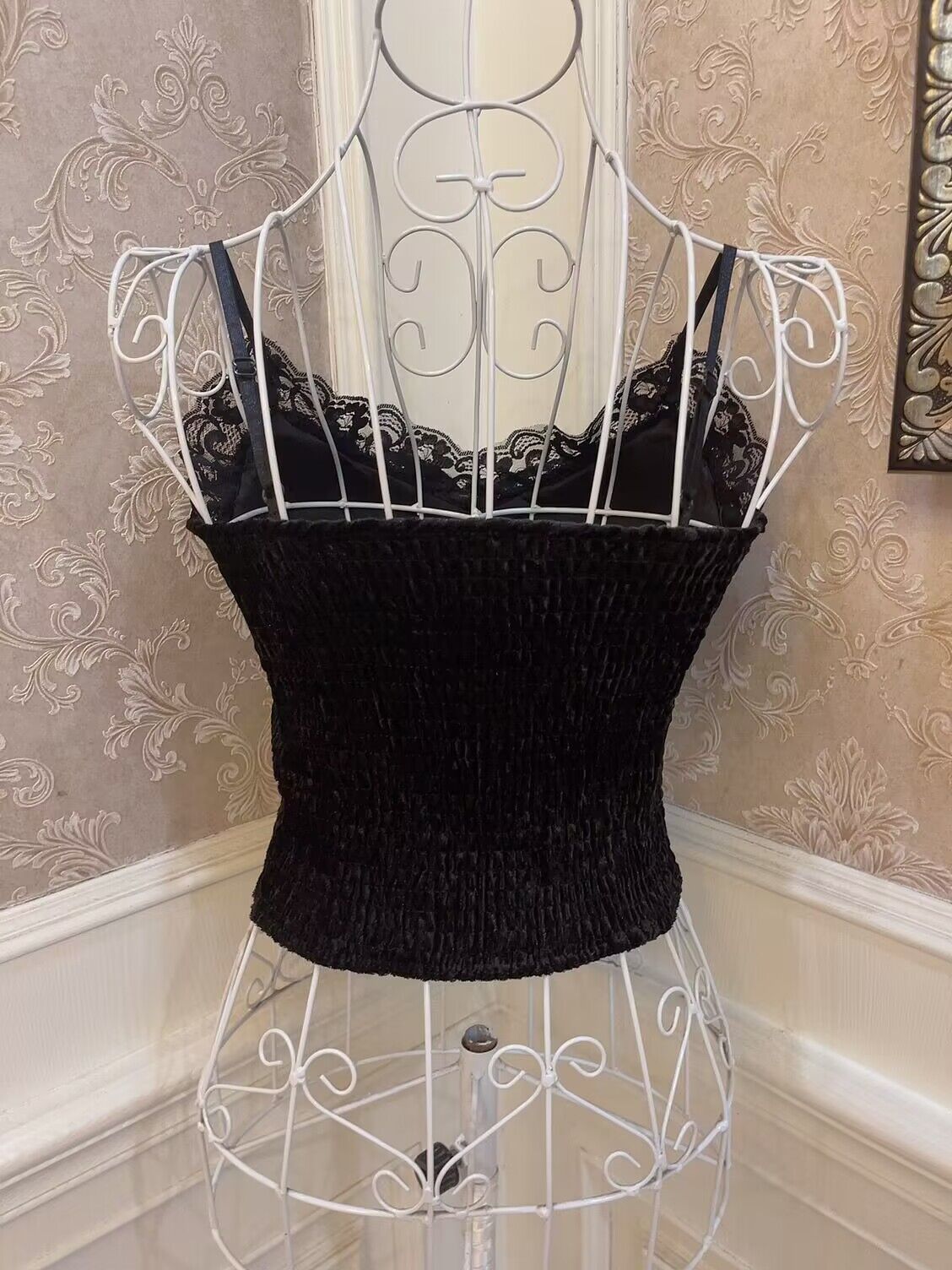 Sweetheart Princess Pearl Lace Velvet Black White Camisole Top