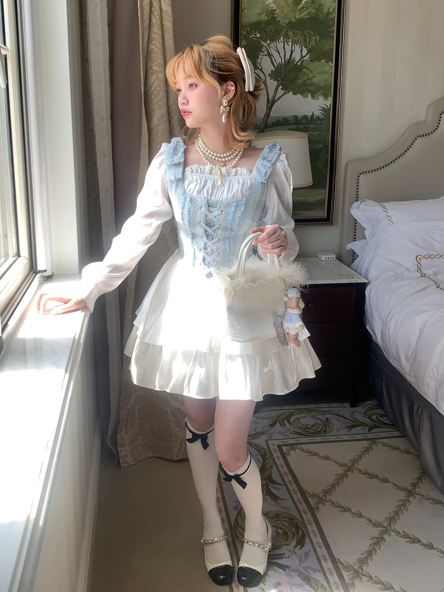 Picnic Girl Princess Odette Blue Corset Ruffled White Dress