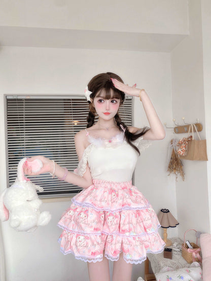 Candy Fairy Coquette White Camisole & Pink Melody Ruffled Cake Mini Skirt Two Piece Set